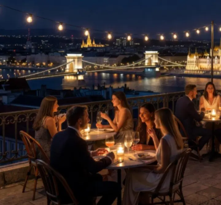 Esti terasz városi panorámával Budapesten, hangulatos fényekkel